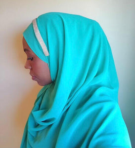One piece hijab with a single band of silver stone embroidery