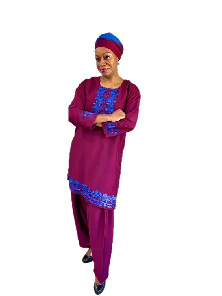 3-PC Outfit Style 4 - Crepe Maroon with Blue embroidery