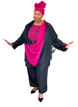 Load image into Gallery viewer, 3-PC Outfit Style 2 - Crepe black with magenta embroidery
