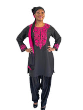 Load image into Gallery viewer, 3-PC Outfit Style 2 - Crepe black with magenta embroidery
