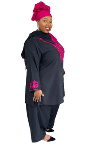 3-PC Outfit Style 2 - Crepe black with magenta embroidery