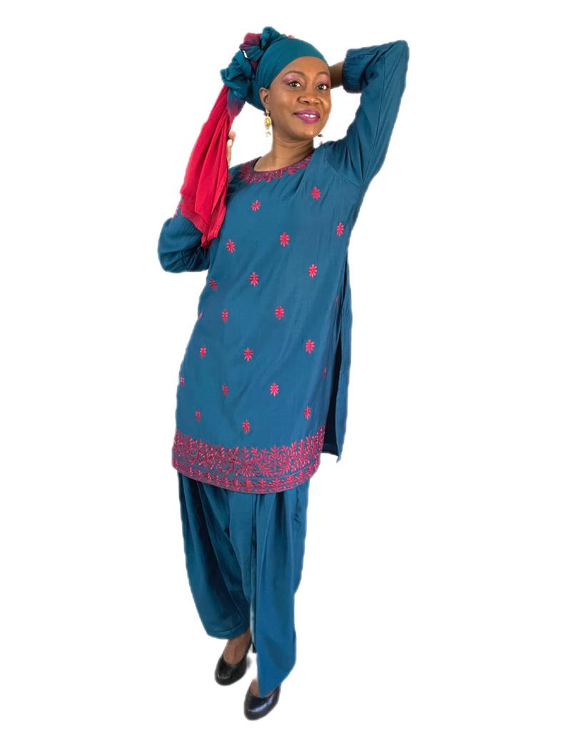 3-PC Outfit Style 1 - Silk Blue with magenta embroidery